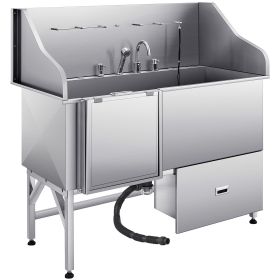 304 Stainless Steel Dog Washing Station, 61 Inch Pet Grooming Tub with Non-Slip Low-Slope Ramp, Storage Drawer, Hot & Cold Faucet